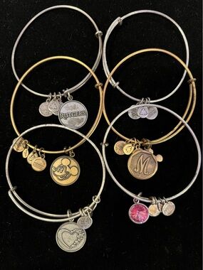 6 Alex and Ani + Energy Gold and Silver Charm Bangle Set Mickey Rutgers Monogram